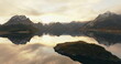 Drone view of spacious lake with mountains in Lofoten islands Norway