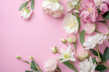 Sticker - Floral arrangement of Eustoma and Helleborus on pastel pink background for Easter Woman s day or Valentine s day