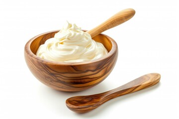 Poster - Wooden bowl and spoon filled with sour cream mayonnaise and yogurt photographed on a white background with a full depth of field providing a clipping path