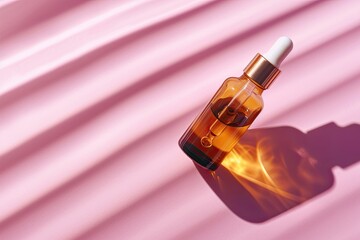 Poster - Amber bottle with pipette natural skincare concept on pink background