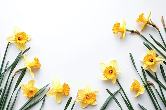 Spring floral border with fresh daffodils isolated on white background focusing on Mother s Women s Easter Wedding Day concept