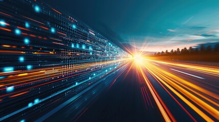 the graphic visualizes the agile digital transformation with fast data flow on road in cyber global 