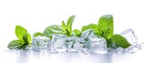 Close up transparent stack ice cubes with fresh mint leaves on white background. AI generated