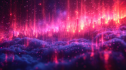 Futuristic background with cascades of abstract lines and forms reminiscent of computer graphics of the 80s, in bright purple and blue sha