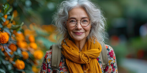 Happy older woman with a mobile pho