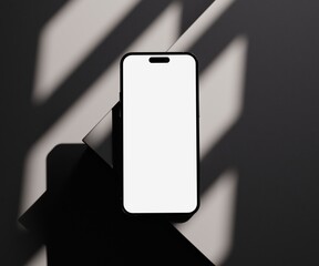 Wall Mural - realistic phone mockup white blank screen with realistic light and shadow overlay on concrete dark s