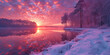 A winter sunset reflected on a snowy surface, with a bright pink and purple shades that create a magical evening moo