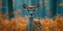 A Wild Deer Standing In A Meadow In A Forest Depth, With Branches Of Trees, Creating A Natural Sh