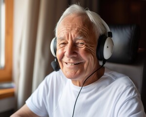 Smiling Senior Man Wearing Gaming Headphones at Home with Natural Lighting