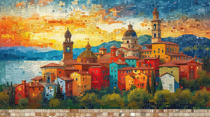 Wall Mural - Travelent background with the effect of mosaics, including images of different places, local details and traditional element