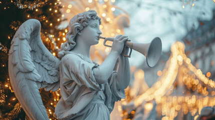 Poster - A serene angel blowing a horn to announce the start of a holiday parade.