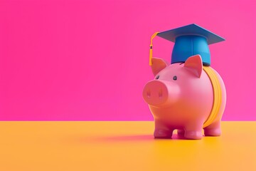 Wall Mural - Piggy bank with graduation cap, in the style cute and colorful Financial and investment business, Education concept. 3D Rendering