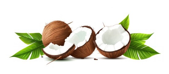 Wall Mural - Fresh ripe coconuts with leaves isolated on white background. AI generated image