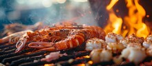 Cooking Seafood On A Grill With A BBQ Background.