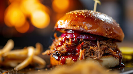 Wall Mural - Juicy pulled pork piled high on a soft brioche bun topped with a rich smoky BBQ sauce and served with a helping of crunchy pickles. In the distance a dedicated smoker billows