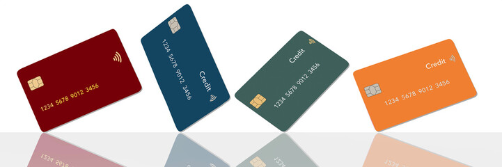 Sticker - Credit cards are seen in a graphic illustration that is colorful. It is a generic design.