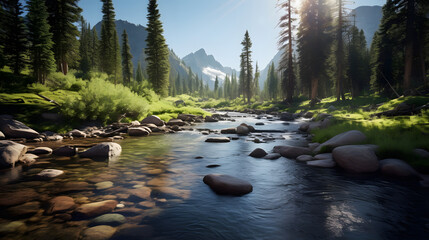 Wall Mural - Imagine a tranquil mountain scene with a crystal-clear stream gently meandering through a lush, pristine valley. Towering pine trees line the banks of the stream, casting dappled shadows on the smooth