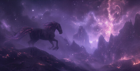 Poster - A spectral creature a ghostly horse with a mane of flickering flames galloping through a dreamlike landscape of misty purple mountains and endless expanses of starry void.