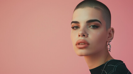 Transgender tomboy model with a buzz cut and dramatic eye makeup in edgy look - convey message of sexsual diversity 