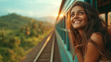 Fototapeta Most - A happy smiling woman looks out from window traveling by train in Sri Lank, most picturesque train road in Sri Lanka	at sunset