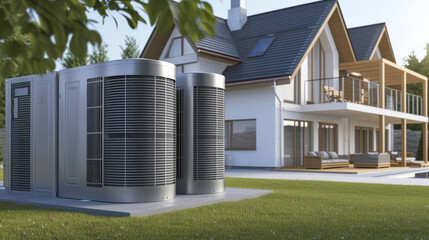 Wall Mural - An air source heat pump is installed outside of a new modern house, providing sustainable and clean energy at home.