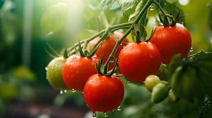 Closeup of tomato on blurred background with dewdrops