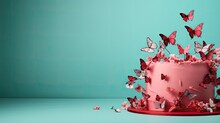 A Large Number Of Beautiful Butterflies On A Pink Cake On A Turquoise Background.