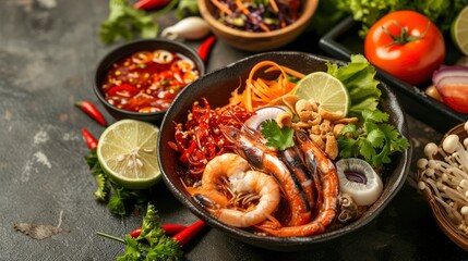 Spicy mixed seafood salad with thai food ingredients, realistic, HD, copy space - generative ai