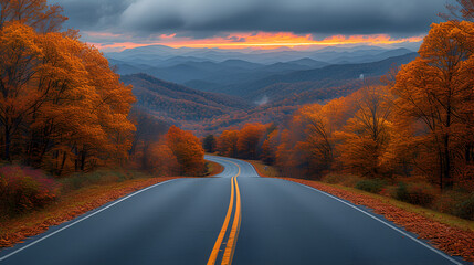 Wall Mural - Mountain road - fall day - autumn - peak leaves - golden hour - low angle shot - cinematic - inspired by the beautiful scenery of  Western North Carolina 