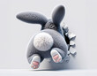 A humorous 3D image of a bunny stuck in a round hole of a broken wall, showing only its hindquarters