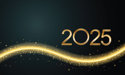 Wall Mural - 2025 Glittering New Year Card, Festive Sparkling Gold Background, Horizontal banner