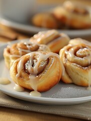 Wall Mural - Cinnamon rolls drizzled with icing at breakfast in matial scene. Close-up of cinnamon rolls on kitchen counter at sunrise.