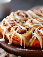 Wall Mural - Cinnamon rolls drizzled with icing at breakfast in matial scene. Close-up of cinnamon rolls on kitchen counter at sunrise.