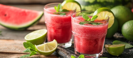 Canvas Print - Watermelon smoothies with lime and mint in two glasses.