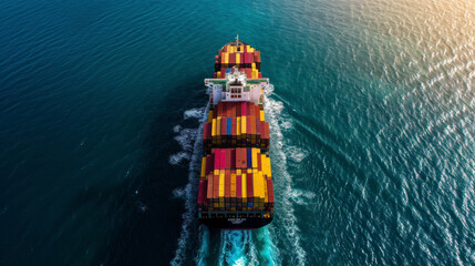 Aerial view of a large cargo ship transporting a load of colorful containers across the calm blue sea, symbolizing global trade and logistics. Oversea import export transportation concept.