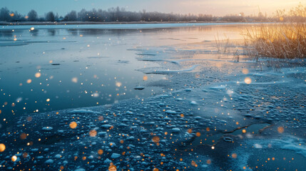 A frozen lake its surface covered in a layer of shimmering frost like a fragile sheet of gl ready to shatter with the slightest touch.