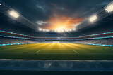 Fototapeta Sport - Football stadium in the afternoon with floodlights on, super lights on the stadium, green field.