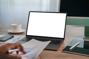 Wall Mural - man business analytics working Businessman using a desktop computer of the blank screen