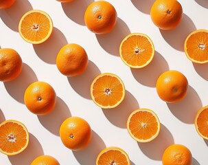Wall Mural - Vibrant and fresh oranges neatly arranged to create bright and healthy backdrop on white surface showcasing juicy appeal of nutritious fruit composition captures essence of summer