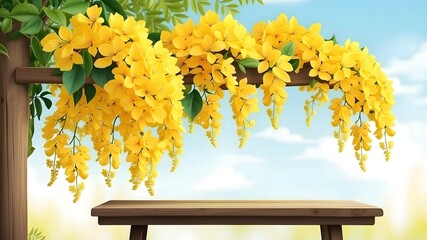 Wall Mural - Cassia fistula or kanikonna flower background with empty space for text and wooden platform, kerala vishu festival background
