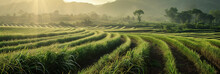 A Scenic Cane Sugar Plantation Bathed In Sunlight, Featuring Rows Of Lush Sugarcane Fields.