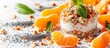 Baked muesli with tropical fruits, tangerines, and yogurt for a healthy breakfast on a white background.