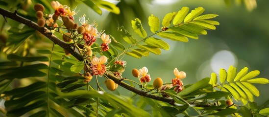 Wall Mural - The Tamarind plant's flowers bloom and its fruit is edible, with various parts used in traditional medicine.