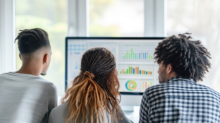 Team of multicultural young people looking at the computer screen with graphs and statistics, working on a project. Three African American, mixed race people collaborating in the office.