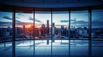 Panoramic view of modern skyscrapers at sunset.