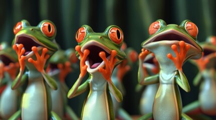 Wall Mural - Cartoon scene of a frog belting out a highpitched tune while the judges cover their ears in agony. His fellow competitors look stunned but secretly impressed.