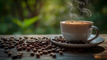 Poster - Coffee Cup With Espresso Beans On A Table.  (Generative AI).