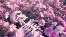 Human Skeleton Resting In Bed Of Pink Flowers (Generative AI).