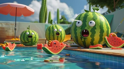 Wall Mural - Cartoon scene of a watermelon lifeguard blowing a whistle at a group of watermelons trying to sneak in snacks by the pool.