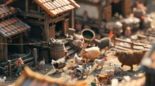 Chaos Ensues At The Tiny Town Market As A Stampede Of Tiny Animals Including Miniature Chickens Pigs And Cows Break Free From Their Pens. The Tiny Townspeople Are Seen Running